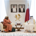 HE Minister of Foreign Affairs of the Republic of Liberia Sara Beysolow Nyanti (left) met with HE Prime Minister and Minister of Foreign Affairs Sheikh Mohammed bin Abdulrahman bin Jassim Al-Thani of Morocco(right)