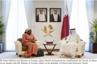 HE Minister of Foreign Affairs of the Republic of Liberia Sara Beysolow Nyanti (left) met with HE Prime Minister and Minister of Foreign Affairs Sheikh Mohammed bin Abdulrahman bin Jassim Al-Thani of Morocco(right)