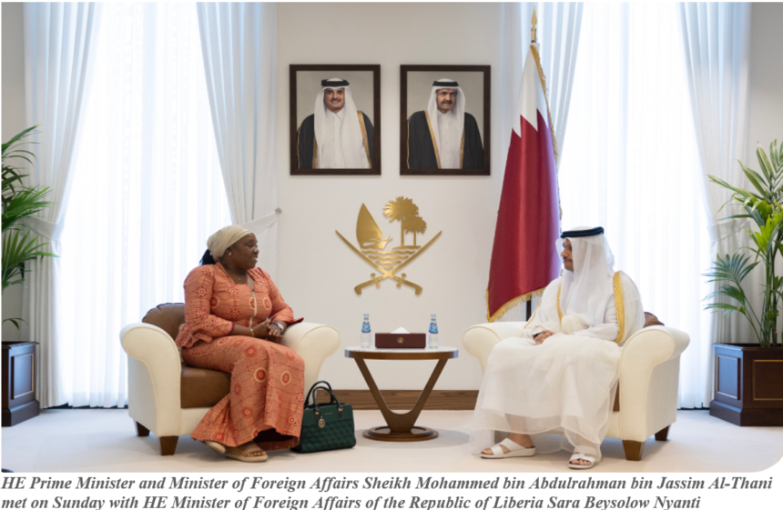HE Minister of Foreign Affairs of the Republic of Liberia Sara Beysolow Nyanti (left) met with HE Prime Minister and Minister of Foreign Affairs Sheikh Mohammed bin Abdulrahman bin Jassim Al-Thani of Morocco(right)