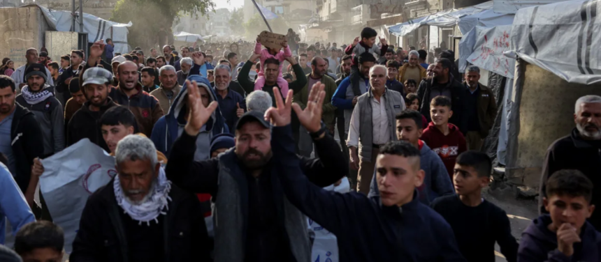 Palestinians attend a rally calling for an end to the war in Beit Lahia, Gaza.