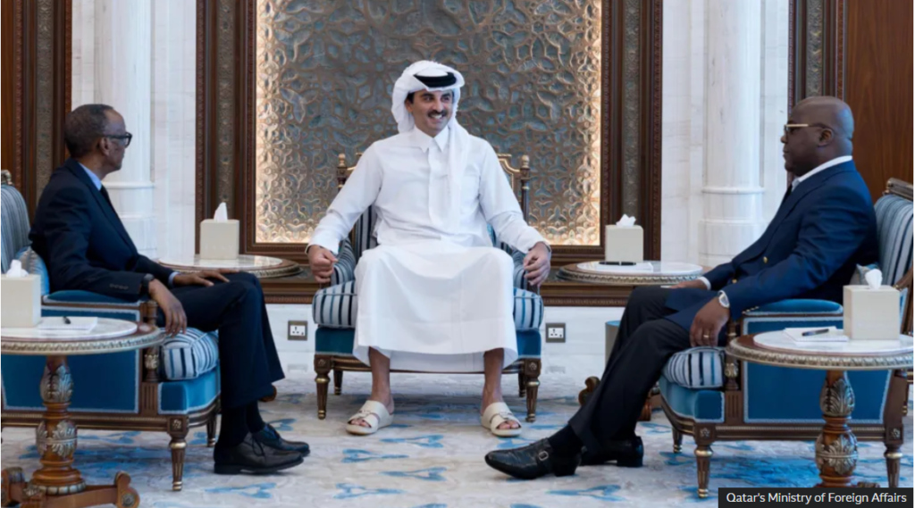 President Félix Tshisekedi of the Democratic Republic of Congo and his Rwandan counterpart Paul Kagame sits with the Emir of Qatar