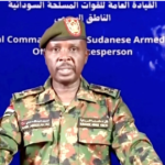 A Sudanese army spokesperson gives a statement on Sudan TV after claims of retaking palace