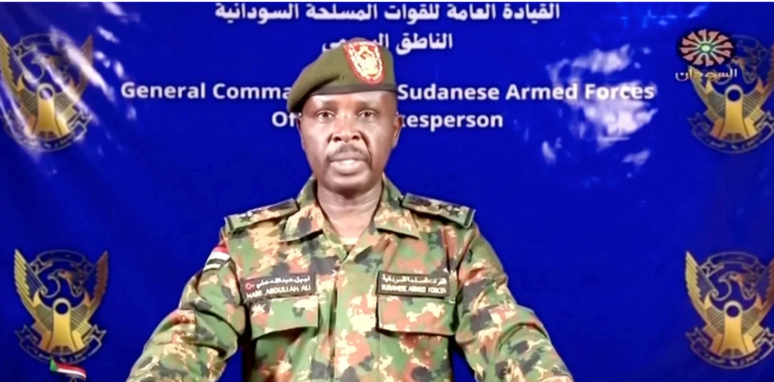 A Sudanese army spokesperson gives a statement on Sudan TV after claims of retaking palace
