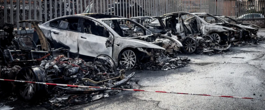 Bombed Tesla dealership in Rome, March 31, 2025
